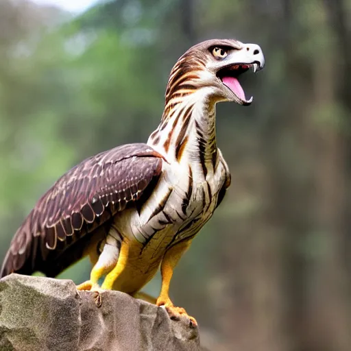 Image similar to hawk morphed with a velociraptor hybrid animal, high quality photo taken in zoo, realistic