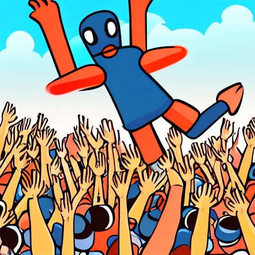 Prompt: rubber man crowd surfing at a concert, cartoon art style