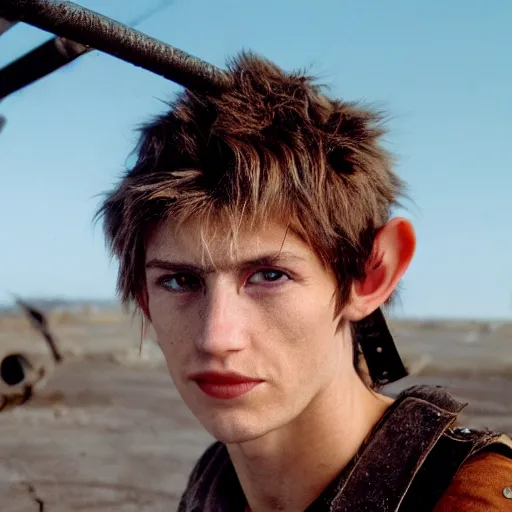 Image similar to close up headshot of a skinny high-fantasy elf with a long face narrow chin and spiky blonde hair wearing dark brown overalls and holding a bomb next to a destroyed car, high resolution film still, HDR color