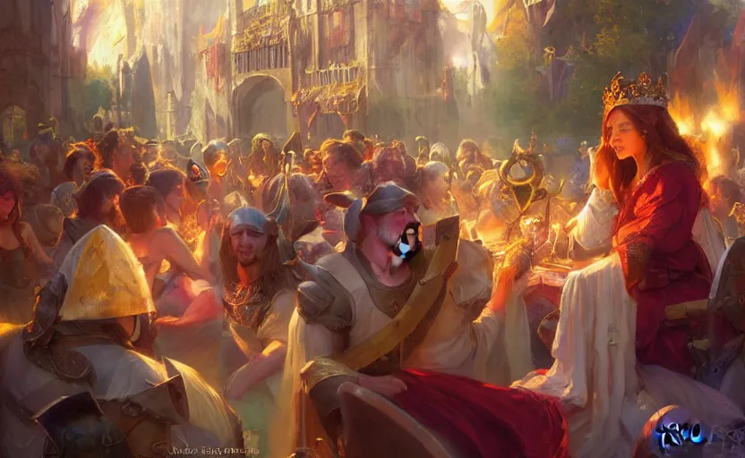 Prompt: sunny medieval festival by kev walker and noah bradley and vladimir volegov and delphin enjolras and daniel f. gerhartz