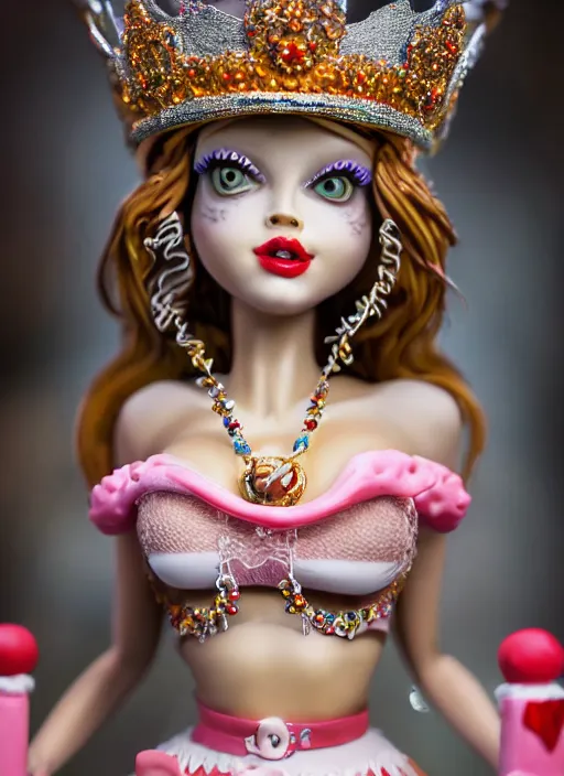 Prompt: closeup profile face portrait of a tin toy fairytale princess wearing a crown eating cakes, bikini, depth of field, zeiss lens, detailed, symmetrical, centered, fashion photoshoot, by bosch, giger, breathtaking, 8 k resolution, extremely detailed, beautiful, establishing shot, artistic, hyperrealistic, beautiful face, octane render