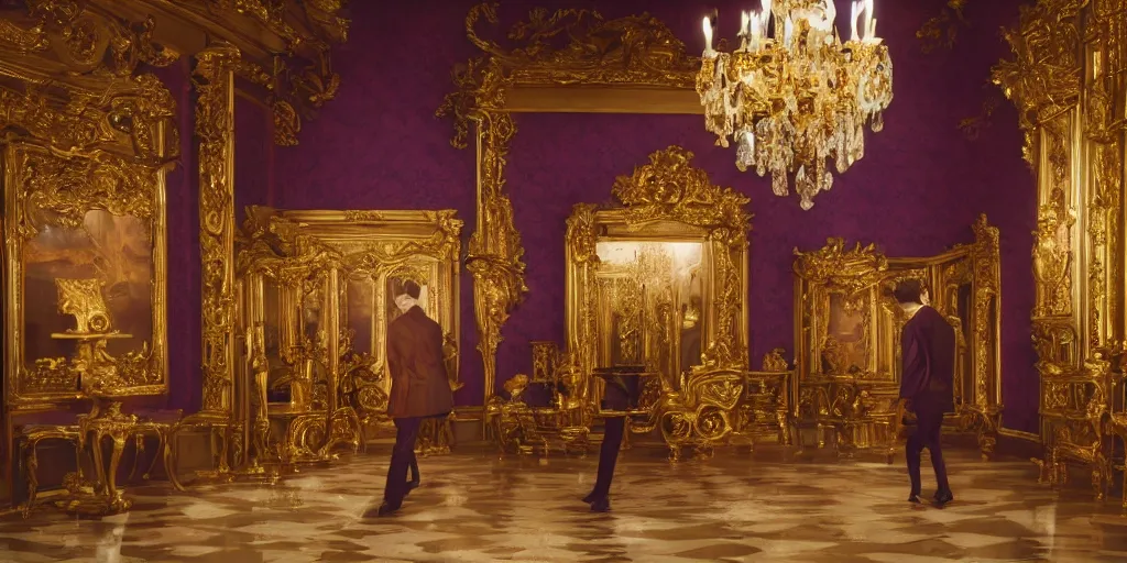 Prompt: highly detailed photo of an humanoid android walking in a baroque dreamy room full of renaissance furniture, cinematic lighting, intricate, 4k resolution, elegant, gold and purple