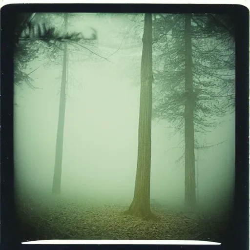 Prompt: impossibly large tree in a forest clearing reaching into the fog, night, old polaroid, expired film, megalophobia,