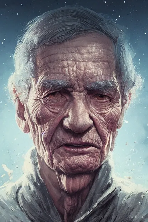 Image similar to the look of an elderly person full of wrinkles and imperfections by artgem and greg rutkowski, highly detailed, high contrast, trippy, nebula, trending on artstation