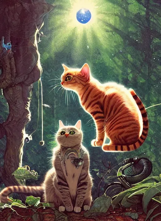 Image similar to a hyper realistic cat meeting an alien. and sunbeams blue sky, lush forest foliage painting by chiara bautista and norman rockwell and greg rutkowski weta studio, and lucasfilm