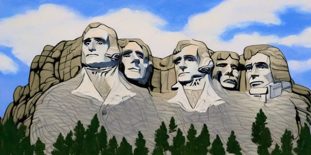 Image similar to a painting of mount rushmore by bob ross