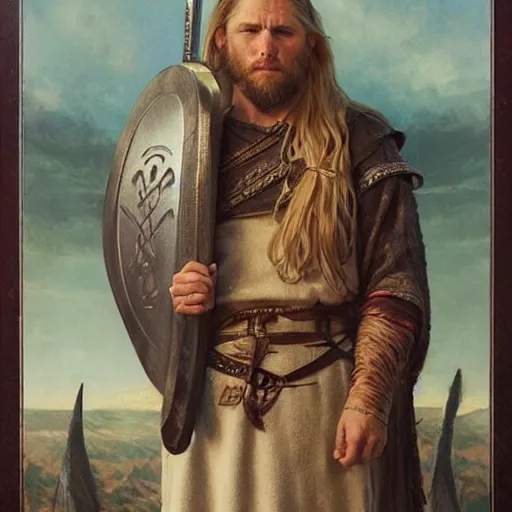Prompt: handsome Viking king with long, braided blond hair with determined expression and slit pupils in birdlike eyes, by Greg Rutkowski, Brom, and Alphonse Mucha