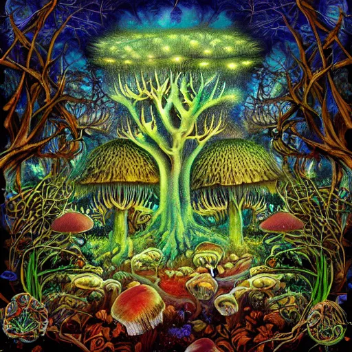 Image similar to psychedelic fantasy forest with glowing mushrooms and eerie trees in the style of Ernst Haeckel and Daniel Merriam, perfect award winning album art