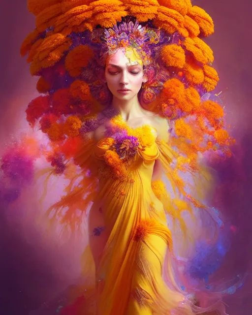 Image similar to Full View Portrait Mystical ethereal marigold deity wearing beautiful dress, marigold Dryad, 4k digital masterpiece by Anna dittman and Ruan Jia and Alberto Seveso, fantasycore, Hyperdetailed, realistic oil on linen, soft lighting, marigold background, featured on Artstation