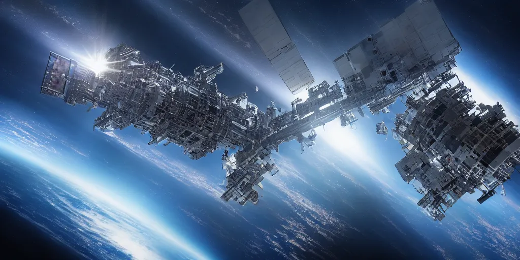 Prompt: giant space station above blue planet digital art by denis villeneuve. highly detailed 8 k. intricate. lifelike. soft light. nikon d 8 5 0.