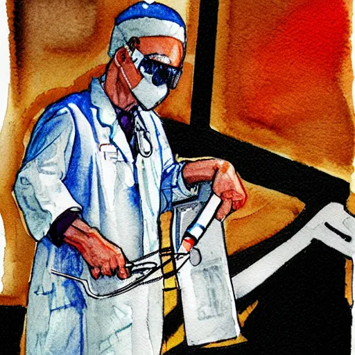 Prompt: a doctor performing surgery on a rocket, watercolor art traced by pencil