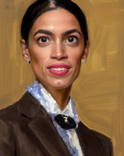 Prompt: close - up portrait of the united states president, alexandria ocasio - cortez, standing at the resolute desk, 2 0 2 4, painting, oil on canvas by william sidney mount, trending on artstation, national archives