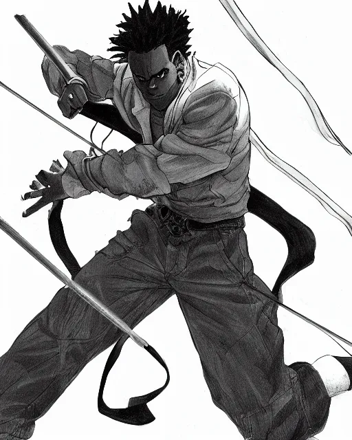 Image similar to a very detailed pencil drawing of kodak black in demon slayer manga panel, action lines, greg rutkowski, in field high resolution, dynamic pose, landscape, medium portrait, action, hyper realistic, manga, koyoharu gotouge, sakuga