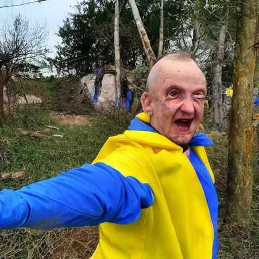 Prompt: 2 0 2 2 last selfie of last alive of frightened funny ukrainian in dirty yellow and blue clothes, trying to escape, badly injured from radiation to bones from a huge nuclear explosion at background