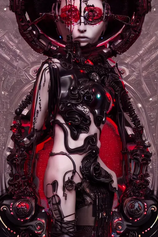 Image similar to full-body cyberpunk style sculpture of a young beautiful dark priestess, half android with a head opening exposing circuitry, glowing red eyes, black roses, flowing blood red colored silk, fabric, candles. baroque elements, human skull. full-length view. baroque element. intricate artwork by caravaggio. crows flying in background. Trending on artstation. octane render. cinematic lighting from the right, hyper realism, octane render, 8k, depth of field, 3D