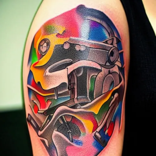Image similar to full body tattoo of a 3 dimensional hole in the skin with multicolored tubes and robotic mechanics inside under the skin, insanely integrate,