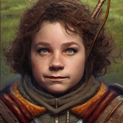 Prompt: d & d halfling bard, closeup portrait art by donato giancola and greg rutkowski, symmetry!!