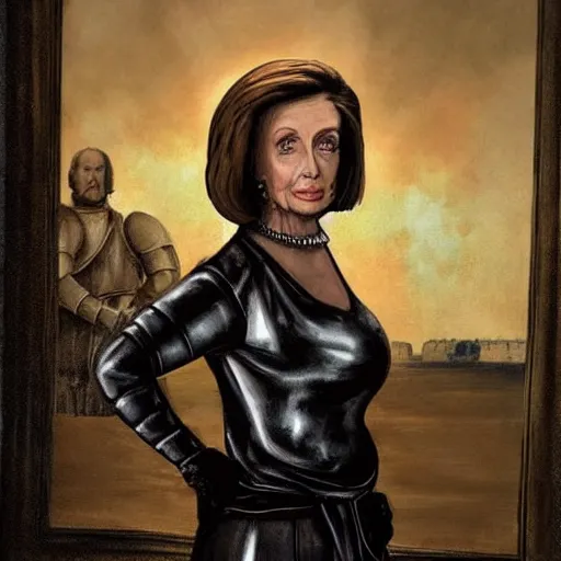 Prompt: painting of nancy pelosi standing in front of 1 6 th century backdrop. she looks like vigo the carpathian wearing armor. patina on armor. she ominously stares forward. hand on hip, arm resting on large stone. sepia toned. dramatic lighting. painting by lou police for ghostbusters 2.