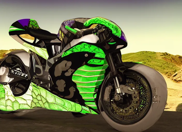 Image similar to snake oil purple and green SIPTECH motorbike livery, global illumination, insanely detailed and intricate, immaculate, matte painting, cinematic, 8k