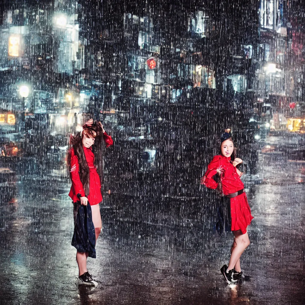 Image similar to night flash portrait photography of a high school girl in uniform on the lower east side by annie leibovitz, colorful, nighttime!, raining!