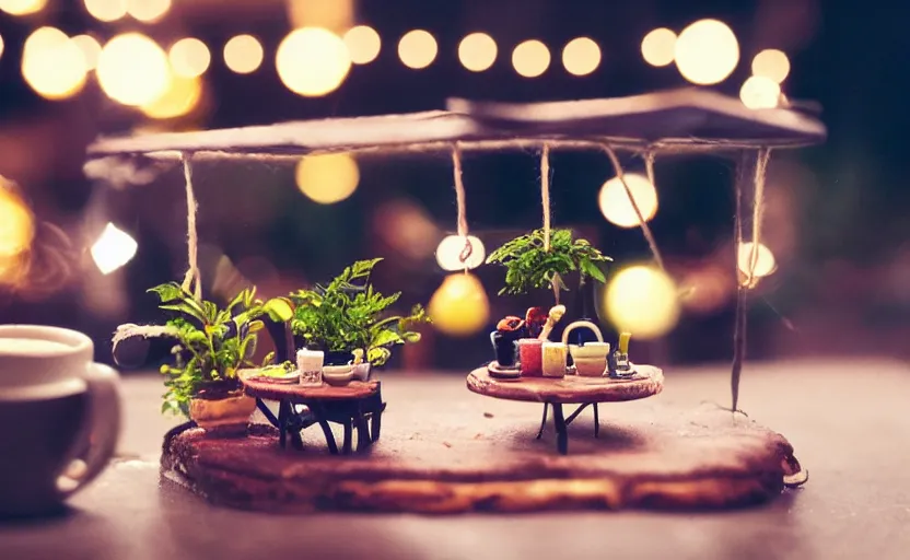 Image similar to mini cafe for mice diorama macro photography, ambient, atmospheric photograph, bokeh, string lights, hanging plants, coffee, pastries