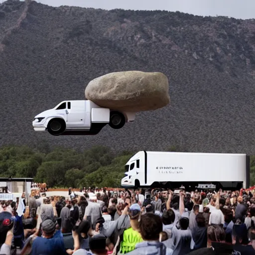 Image similar to Elon Musk throwing a giant boulder into his cybertruck in an expo