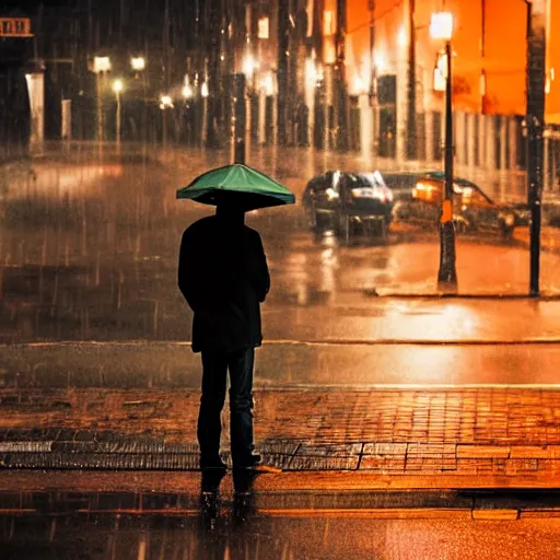 Image similar to lonely man waiting in rain at night under a street lamp