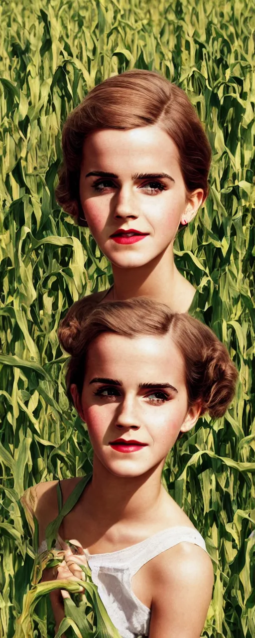 Image similar to photo photorealistic medium shot head and chest portrait photograph Emma Watson picnic in a corn field 1950s portrait by Norman Rockwell, Cecil Beaton, Lee Miller, Irving Penn, David Bailey, Corinne Day, Patrick Demarchelier, Nick Knight, Herb Ritts, Mario Testino, Tim Walker, Bruce Weber, Edward Steichen, Peter Lindbergh, Albert Watson