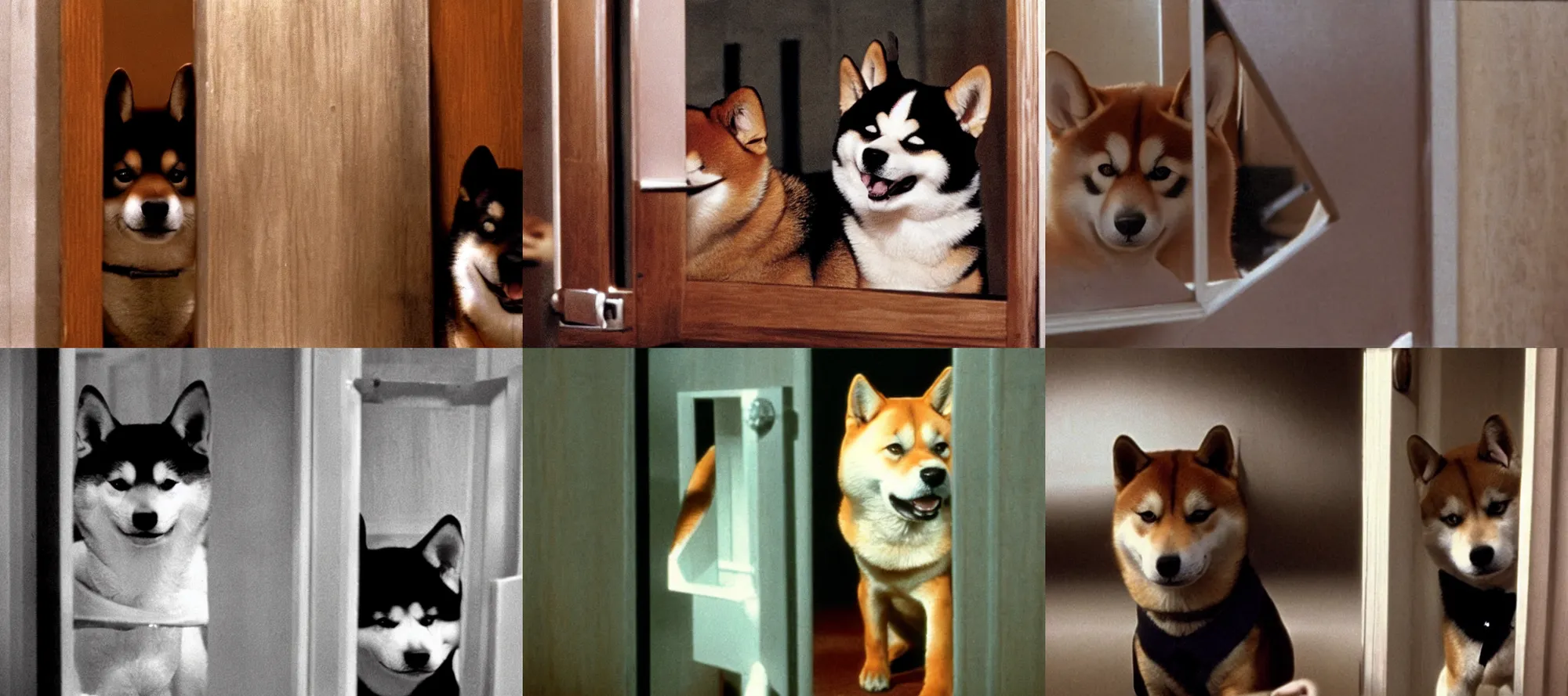 Prompt: Shiba Inu in the film breaking through a door, The Shining 1980