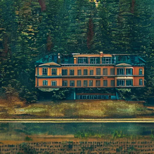 Image similar to wes anderson style future house near the lake and forest, cinematic, realism, photo, detailed