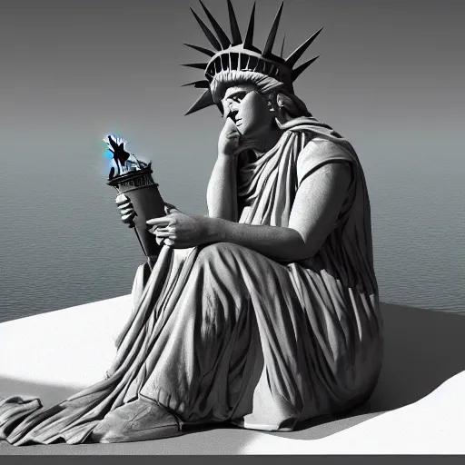 Image similar to photomanipulation of statue of liberty sitting down with legs crossed, humor, ultrarealism, detailed, trending on artstation