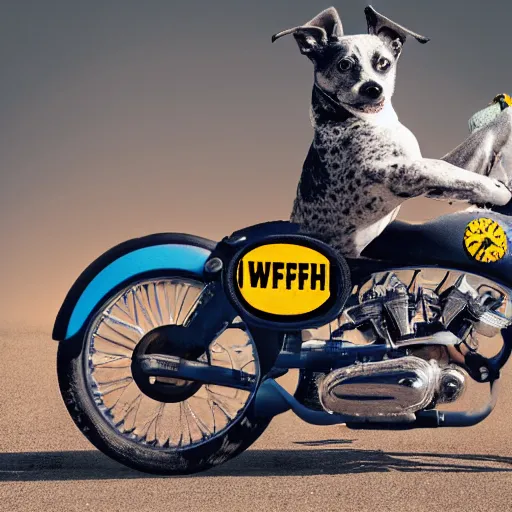 Image similar to blue heeler dog on a motorcycle, 8 k photography, blurred background of a wafflehouse