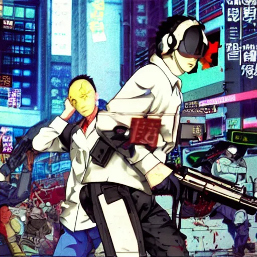 Image similar to 1991 Video Game Screenshot, Anime Neo-tokyo Cyborg bank robbers vs police shootout, bags of money, Police Shot, Bullet Holes and Blood Splatter, Anime VFX, Violent, Action, MP5S, FLCL, Highly Detailed, 8k :4 by Katsuhiro Otomo + Studio Gainax + Arc System Works : 8