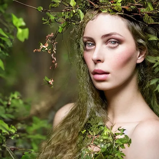 Image similar to Portrait of the beautiful woman Lana Rhoades as a dryad, she has those characteristic sparkling green eyes, she is looking straight to the camera, she has a glow coming from her, she is getting illuminated for rays of light, behind her is an ancient forest full of life, the photo was taking by Annie Leibovitz, Ellie Victoria Gale and Steve McCurry, matte painting, oil painting, naturalism, 4k, 8k