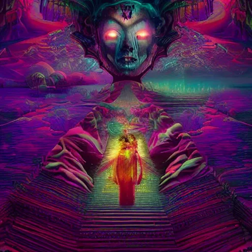 Prompt: Beautiful hyperdetailed psychedelic horror fantasy art of a vampire by Beeple, album cover, other dimensions, dmt, acid trip