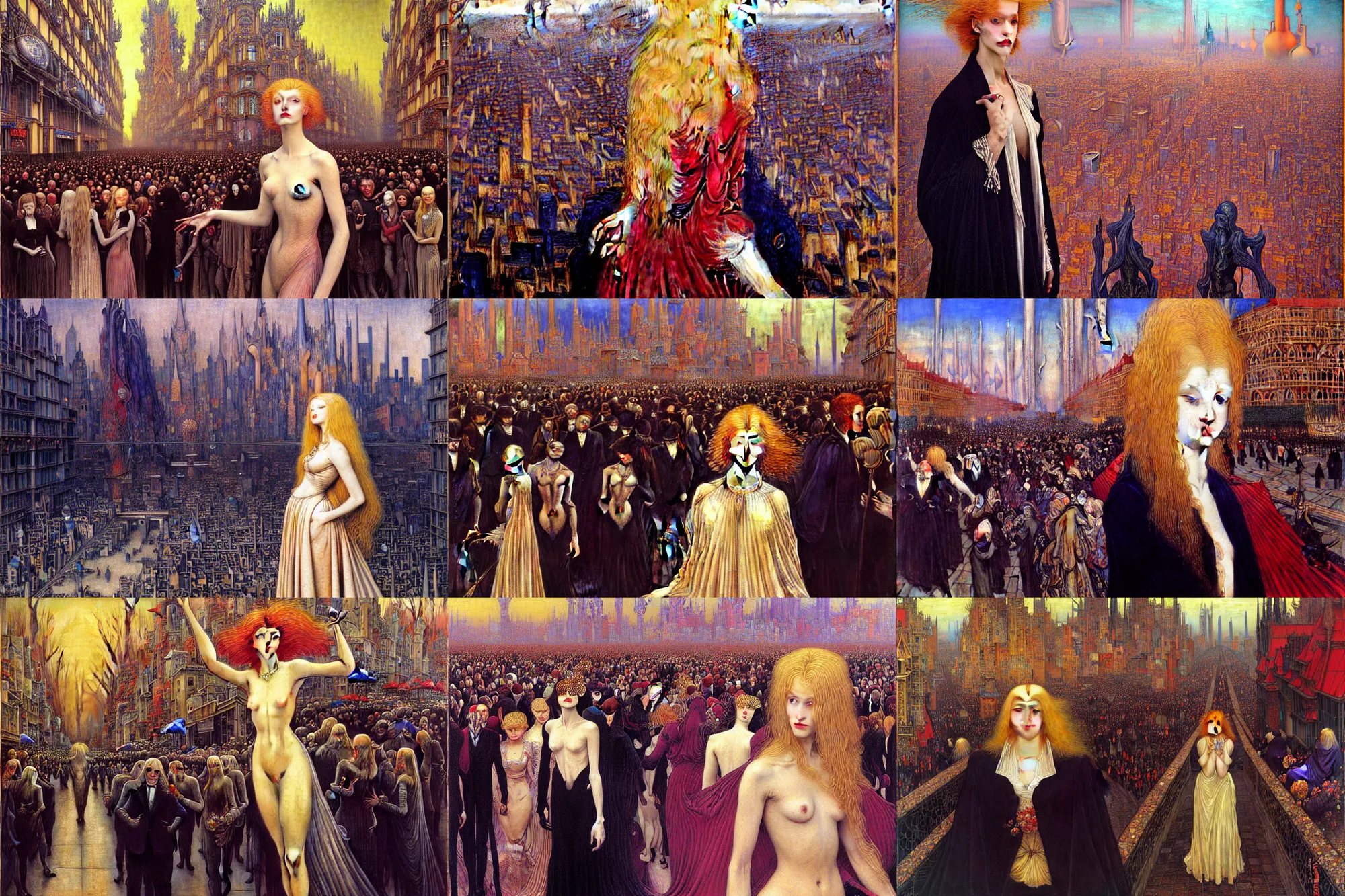Prompt: realistic extremely detailed portrait painting of an elegant blond vampire, detailed crowded city street on background by Jean Delville, Amano, Yves Tanguy, Ilya Repin, William Holman Hunt, Ernst Haeckel, Edward Robert Hughes, Roger Dean, rich moody colours