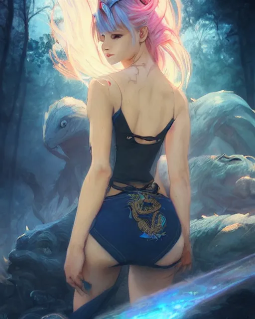 Image similar to stunningly beautiful female with a dragon back tattoo, blue hair, dj sura, laser lights, sharp focus, digital painting, 8 k, concept art, art by wlop, artgerm, greg rutkowski and alphonse mucha