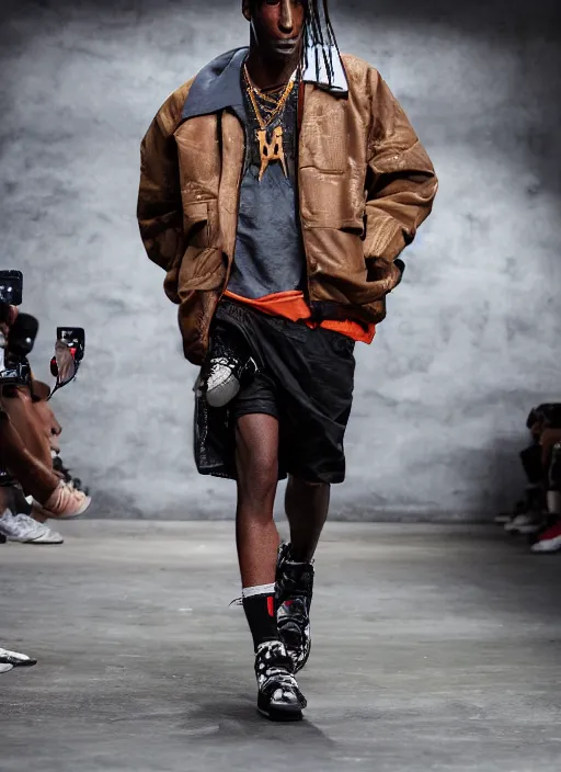 Image similar to hyperrealistic and heavy detailed nike runway show of travis scott, leica sl 2 5 0 mm, vivid color, high quality, high textured, real life