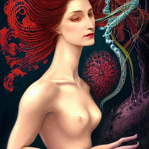 Prompt: facial portrait of a young gorgeous woman in flowing sensual dress, arrogant, long fine flowing hair, delicate, looking at camera, slightly awkward smile, realistic face, hands behind back, stylish, elegant, grimdark fantasy, flowers, extremely detailed painting inspired by Gerald Brom and Ernst Haeckel and Kaluta, studio lighting