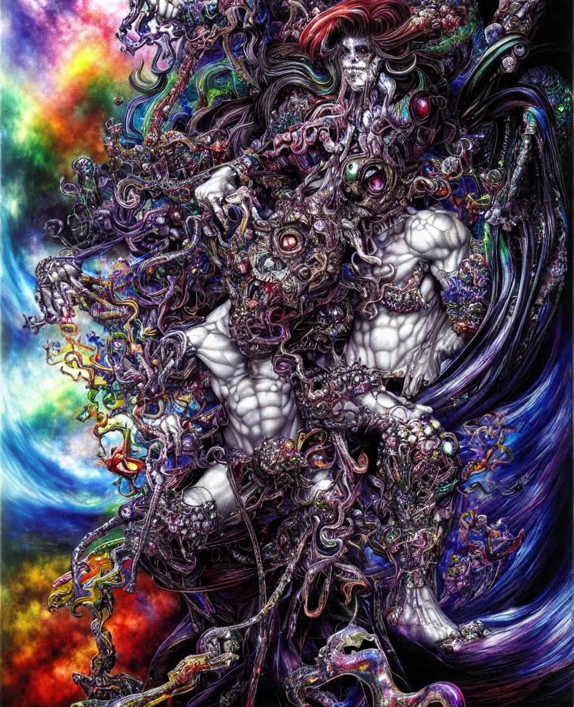 Image similar to realistic detailed image of ultra wrathful rainbow diamond iridescent mega god of chaos, depth perception, depth of field, action horror by ayami kojima, neo - gothic, gothic, part by adrian ghenie and gerhard richter. art by yoshitaka amano. masterpiece