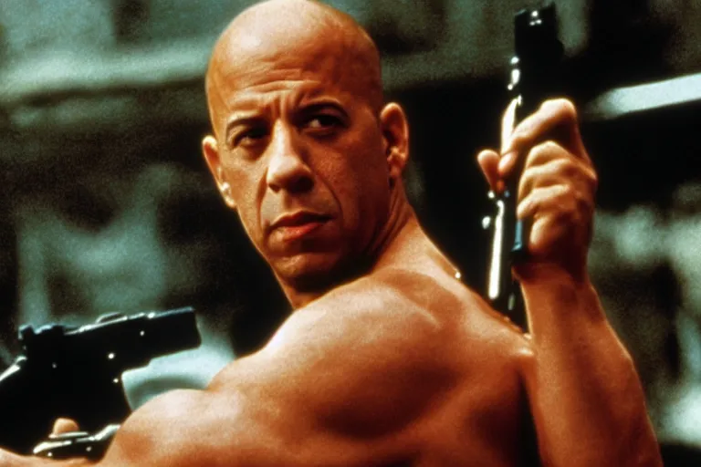 Prompt: film still of Vin Diesel as John McClane in Die Hard 1988