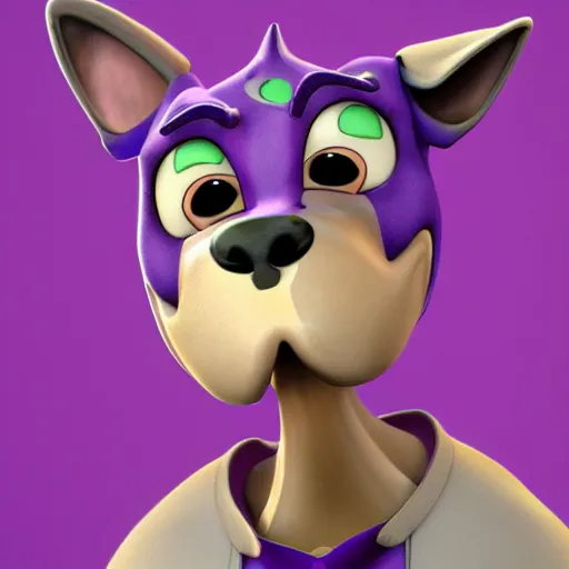 Image similar to an 3d render of a purple dog character, in the style of disney, pixar, mixed media collage, highly detailed, 8k resolution