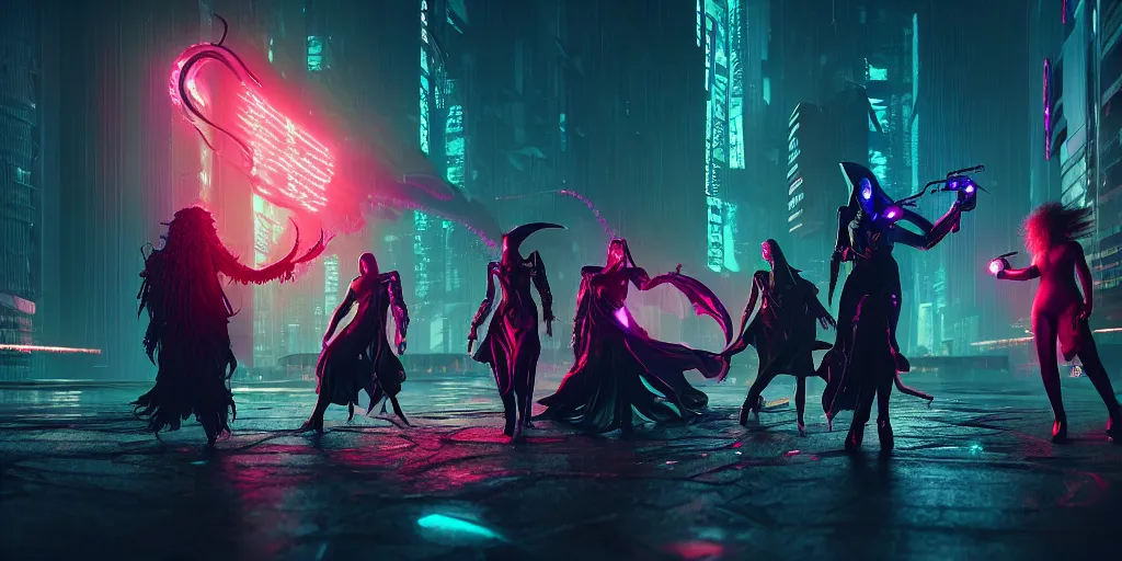 Image similar to cyberpunk witches battling cthulu lovecraftian aliens, contrasting colors, concept art, cinematic, key art, high quality, hyper realism, high detail, octane render