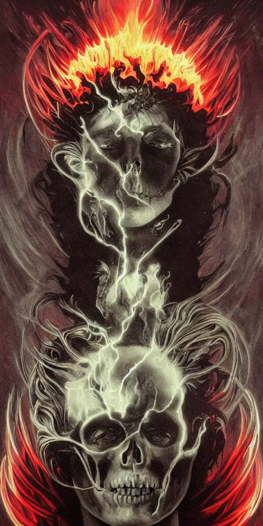 Prompt: intense glowing black metal pagan god with horn and intense black eyes with a skull on fire in very dark nebula by artgerm and alphonse mucha and beksinski, portrait, fantasy, clear, fire, light beams, lens flare, soft, uhd, amazing depth, cinematic lighting, black and red and white and yellow