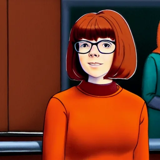 Prompt: Stunning Beautiful Portrait Scene of Velma Dinkley wearing her iconic orange sweater from Scooby Doo in court for falsely accusing someone of being a criminal by Greg Rutkowski. Velma is a teenage female, with chin-length auburn hair and freckles. She is somewhat obscured by her fashion choices, wearing a baggy, thick turtlenecked orange sweater, with a red skirt, knee length orange socks and black Mary Jane shoes. Soft render, Pixiv, artstation