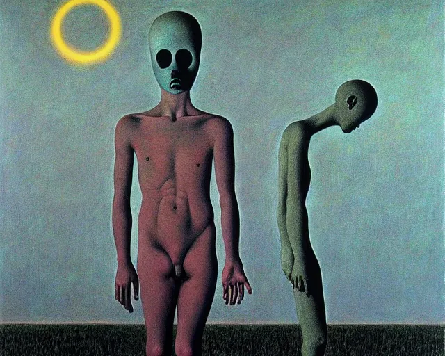 Image similar to learning to be dead by Magritte, Beksinski, and Keith Haring