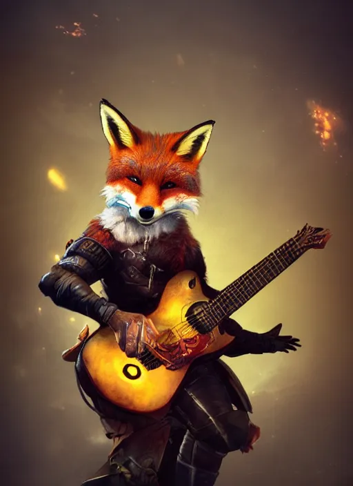 Image similar to An epic fantasy comic book style portrait painting of a fox plays a guitar on concert background, unreal 5, DAZ, hyperrealistic, octane render, cosplay, RPG portrait, dynamic lighting