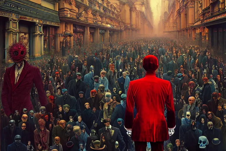 Image similar to realistic detailed photorealistic film portrait shot of a single skeleton wearing crimson velvet blazer in a crowded futuristic moscow street by Denis Villeneuve, Amano, Yves Tanguy, Alphonse Mucha, Ernst Haeckel, Andrei Tarkovsky, Edward Robert Hughes, Roger Dean, rich moody colours, wide angle, blue eyes