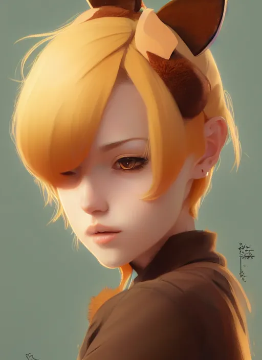 Image similar to ultradetailed beautiful panting of a stylish young lady wearing a brown foxgirl suit with cat ears, dramatic, she has blond hair, distressed, volumetric light, by greg rutkowski, ilya kuvshinov, james jean, makoto shinkai, on artstation