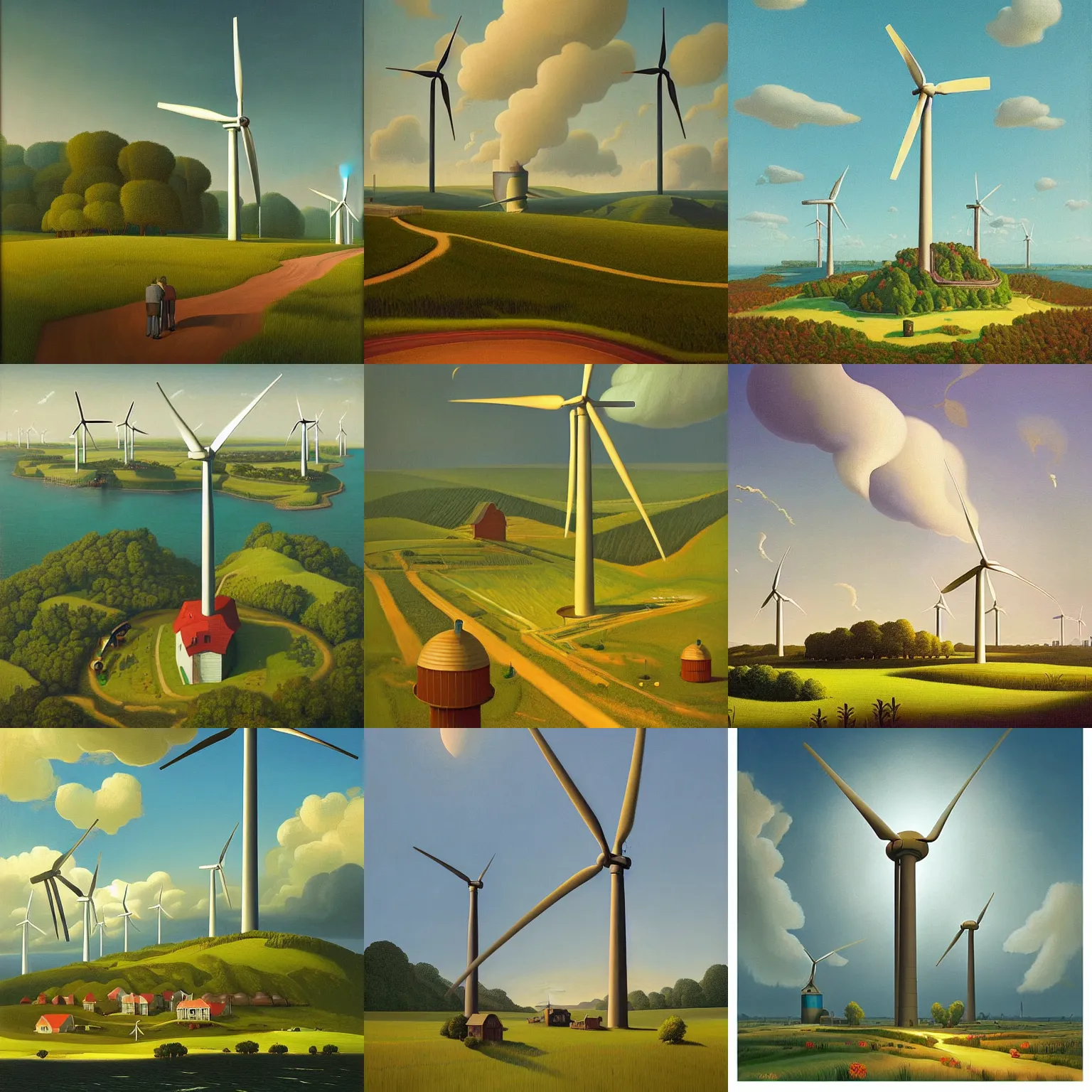 Prompt: A wind turbine power plant in a lush island utopia by Simon Stålenhag and Grant Wood, oil on canvas, heavenly rapture